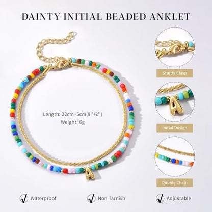 KissYan Initial Ankle Bracelets for Women | Layered Colorful Beaded Anklet with 14K Gold Chain, Waterproof Dainty Jewelry Gift for Summer Beach - style: M