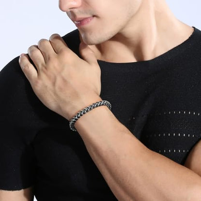 Mens Bracelet - Stainless Steel Fold Over Clasp Franco Chain Bracelets for Men - color: G-Gunmetal
