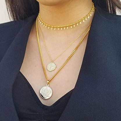 Aobei Pearl 18K Gold Plated Moon Star Lion Evil Eye Love Heart Cross Pendant Necklace Medallion Paperclip Chian Choker Layering Jewery for Women - color: Golden Coin