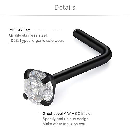 SCERRING 18G Stainless Steel L-Shaped Nose Stud Rings Tragus Lip Hoop Piercing Jewelry 1.5-3mm Clear CZ 8-30PCS - color: 16PCS - Black