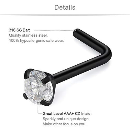 SCERRING 18G Stainless Steel L-Shaped Nose Stud Rings Tragus Lip Hoop Piercing Jewelry 1.5-3mm Clear CZ 8-30PCS - color: 16PCS - Black