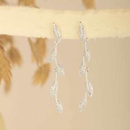 Earrings for Women - 14K Gold Plated Tassel Dangle Earrings | Leaf, Flower, Tassel Dangling Drop Earrings, Sparkling Wedding Bridal Prom Statement Jewelry Gift for Her - color: Silver Leaf