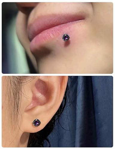 20G 18G 16G Threadless Nose Rings Studs Flat Back Earrings Surgical Stainless Steel CZ Nose Rings Stud Tragus Helix Conch Cartilage Earrings Stud Piercing Jewelry For Women Men Hypoallergenic - color: Black-Rainbow CZ, size: 16 Gauge-6mm Bar-2mm CZ