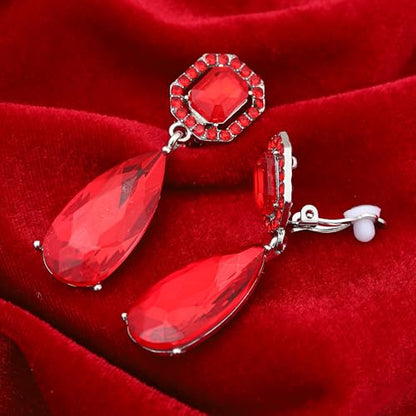 Gorgeous Long Austrian Crystal Teardrop Drop Dangle Clip On Earrings Non Pierced for Women - color: Red