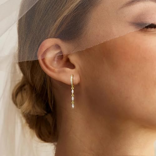 Lunvky 14K Gold Plated Dangle Earrings for Women Dainty Silver Drop Earring Trendy Long Dangling Wedding Bridesmaid Hoop Diamond Crystal Cute Earring Prom Jewelry Birthday Gifts - color: B-1 pair hoop good