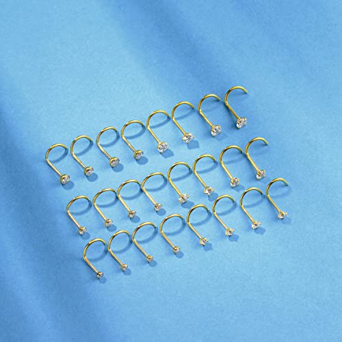 8PCS G23 Titanium Twist Screw Nose Studs 18G 20G Nose Rings 2mm 2.5mm 3mm Clear Pink Purple Aurora CZ Gold Nose Piercing Studs Nostril for Women Men - style: 20g gold clear cz 2mm