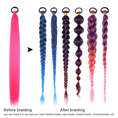 Ponytail Extension 2 Pc Rose Red Braid Ponytail Extension with Elastic Tie | Rave Hair Extensions Straight Wrap Around Hair Extensions Ponytail, 26 Inch Natural Soft Synthetic Hair Piece for Women - color: Rose Red#, size: 26 Inch（Pack of 2）
