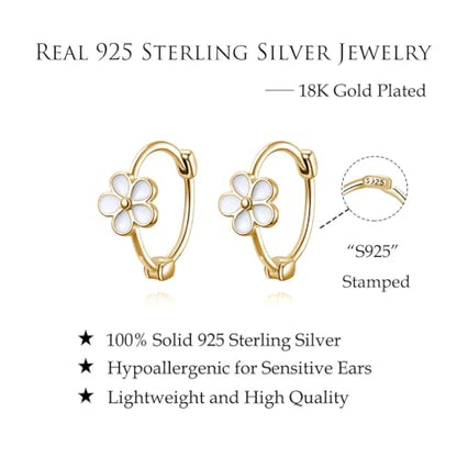Reffeer Solid 925 Sterling Silver Flower Hoop Earrings Huggie for Women Teen Girls Daisy Hoop Earrings Cartilage Helix Earrings - color: B-Yellow