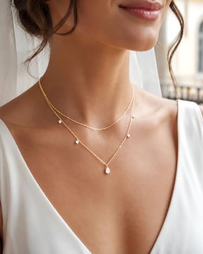 Gold Necklace Stack, Layered Gold Necklaces for Women Jewelry Set | 14K Gold Plated, Separate Chains, Pendant, Dainty, Non Tarnish, Delicate, Chain, Multi, Gift - color: 2 Layer-Teardrop Sation Gold