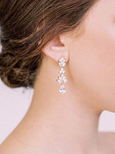 SWEETV Teardrop Wedding Earrings for Brides Birdesmaid | Crystal Cubic Zirconia Bridal Drop Earrings for Women Prom - color: Rose Gold
