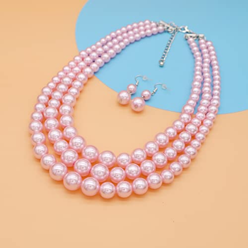 Chunky Layered Imitation Pearl Necklace for Women 3 strand Pearl Necklaces Faux Pearl Necklace Earrings Set 1920s Flapper Gatsby Costume Accessories - color: 3 strand pearl necklace Pink