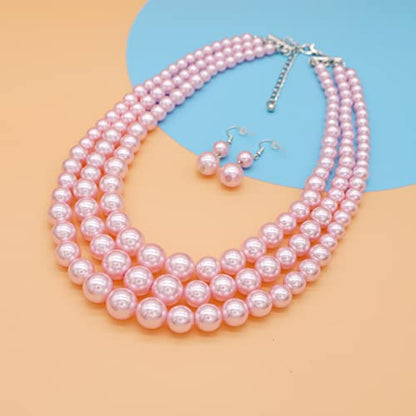 Chunky Layered Imitation Pearl Necklace for Women 3 strand Pearl Necklaces Faux Pearl Necklace Earrings Set 1920s Flapper Gatsby Costume Accessories - color: 3 strand pearl necklace Pink