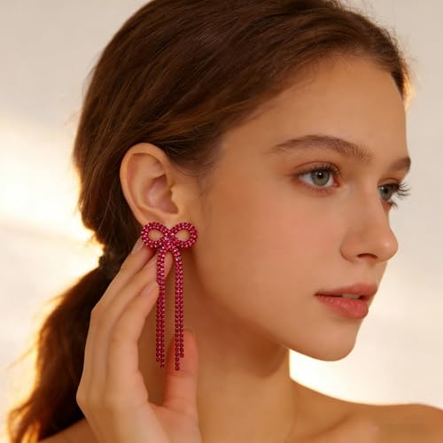 Rhinestone Earrings Dangling for Women Sparkly Silver Dangle Earrings Girls Long Chandelier Earrings Tassel Lightweight Ear Studs Cubic Zirconia (KE001S-W) - color: Bow Rose 516286RO