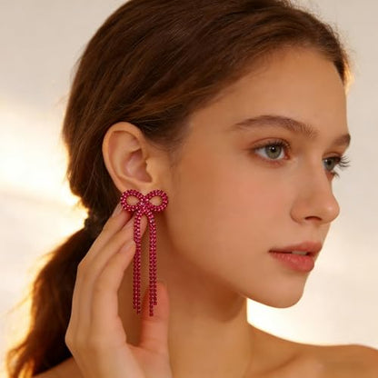 Rhinestone Earrings Dangling for Women Sparkly Silver Dangle Earrings Girls Long Chandelier Earrings Tassel Lightweight Ear Studs Cubic Zirconia (KE001S-W) - color: Bow Rose 516286RO