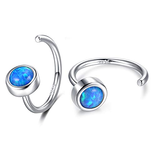 CHIC & ARTSY 925 Sterling Silver Half Hoop Earrings for Women, Dainty Huggie Hoops with Synthetic Opal, Moonstone, CZ & Gemstones, Lightweight Comfort Fit Everyday Elegant Jewelry - color: Opal Blue/Silver