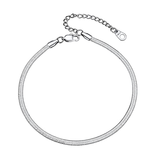 Adjustbale Link Chain Anklet for Women Summer Jewelry, 316L Stainless Steel Figaro/Wheat/Twist Rope/Cuban Foot Bracelet-Waterproof, Resizable 9"-12" (Gift Box Included) - color: 6, Herringbone - Stainless Steel-3mm
