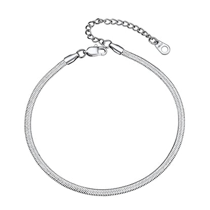 Adjustbale Link Chain Anklet for Women Summer Jewelry, 316L Stainless Steel Figaro/Wheat/Twist Rope/Cuban Foot Bracelet-Waterproof, Resizable 9"-12" (Gift Box Included) - color: 6, Herringbone - Stainless Steel-3mm