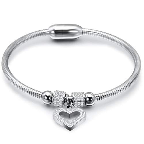 Jude Jewelers Stainless Steel Heart Charm Cubic Zircon Anniversary Valentine Bangle Bracelet - color: Silver