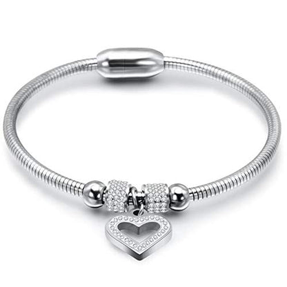 Jude Jewelers Stainless Steel Heart Charm Cubic Zircon Anniversary Valentine Bangle Bracelet - color: Silver