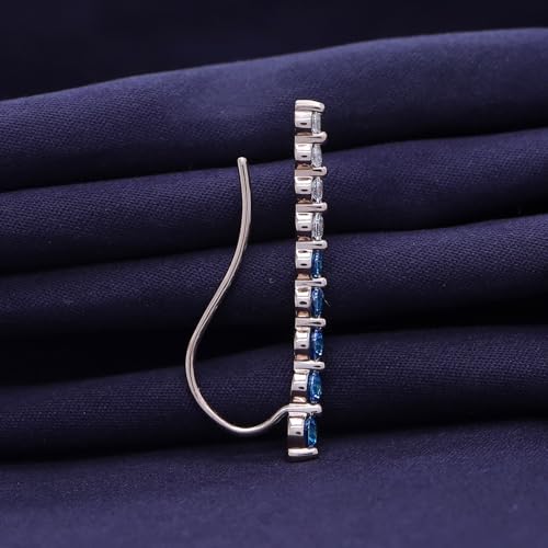 Floating Curved Bar One Piece Left Ear Crawler Earrings With Birthstone | White CZ In 14K Yellow Gold Over Sterling Silver - color: Simulated Blue Topaz