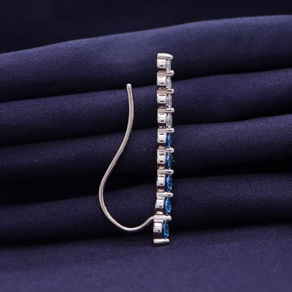 Floating Curved Bar One Piece Left Ear Crawler Earrings With Birthstone | White CZ In 14K Yellow Gold Over Sterling Silver - color: Simulated Blue Topaz