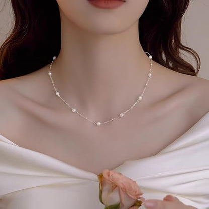 SmileBelle Pearl Necklaces for Women, 18K Gold Daisy Choker for Women's | Pearl Strand Necklaces as Summer Gifts for Teens, Silver Daisy Flower Gifts, 3 Pearls White Necklace as Bridesmaid Gift - color: Silver