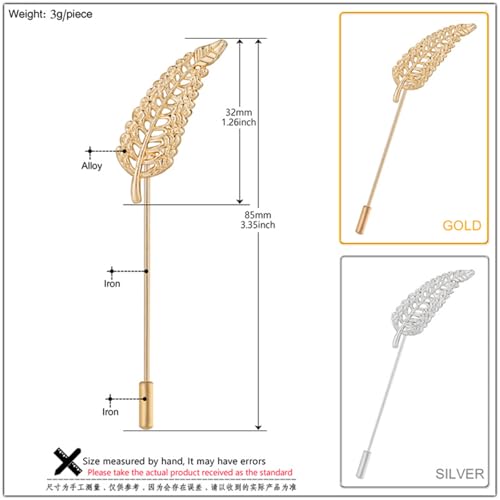 Dreuyet Simple Gold Silver Plated Long Brooch Pins with Cute Animal Antlers Leaves Plant Bees Rabbits Rose Flower Feather Brooch Jewelry for Women Men Elegant Suit Collar Lapel Pin - style: Hollow Leaf