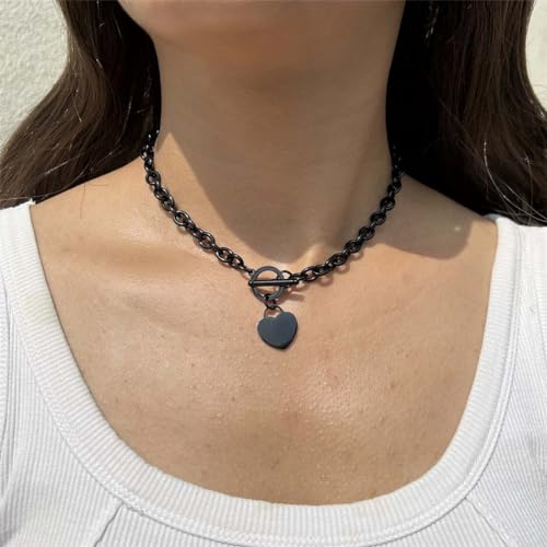 WangGao Elegent Love Stainless Steel Link Chain Blank Heart Charms Necklace for Women Toggle Clasp Closure - color: Black, size: 15.74inches