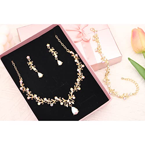 3Pcs Austrian Crystal Jewelry Set for Women, Necklace Dangle Earrings Link Bracelet Jewelry Set with Gold/Platinum/Gun Plated, Wedding Party Jewelry for Bridal Bridesmaid - color: AB Crystal-Gold Plated