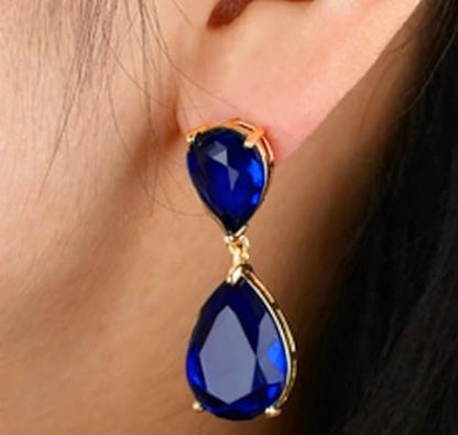 Teardrop Crystal Drop Earrings for Women, 14K Gold Plated Large Double Teardrop Dangle Earrings,Rhinestone Earrings for Wedding Prom Bridesmaid Party,Emerald/Red/Blue/Black/Pink/White Statement Earrings - color: Navy Blue