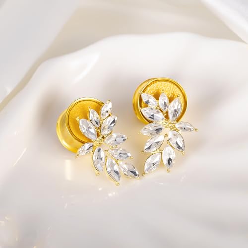 Vankula 2PCS Ear Gauges Tunnels Plugs with Cubic Zirconia Dangle Stainless Steel Hypoallergenic DIY Ear Expander Stretcher Body Piercing Jewelry for Wedding - color: Gold, size: 12mm(1/2")