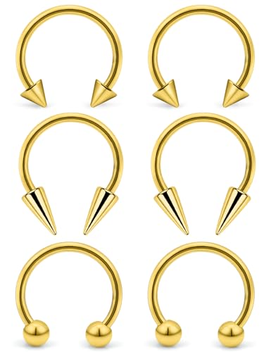 6Pcs Septum Rings 16G Surgical Steel Snake Bite Jewelry Long Spike Horseshoe Lip Rings Smiley Piercing Jewelry for Women Men 8mm 10mm - color: 16g,Diameter:10mm,goldtone