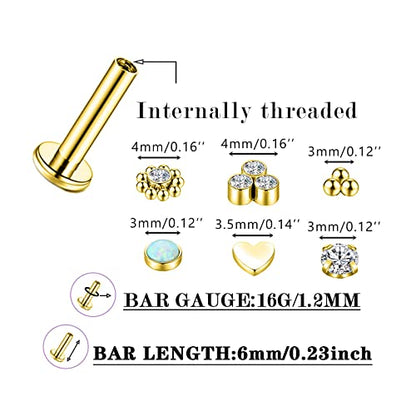 16G Monroe Lip Piercing Jewelry Labret Studs Tragus Hoop Earrings Nose Piercing Flat Back Helix Earring - color: gold, size: 16G*6mm