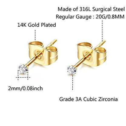 6Pairs 2mm/3mm Surgical Steel Hypoallergenic Piercing Studs, 20G 14K Real Gold Filled Tiny Stud Earrings Set for Multiple Hole Piercing (Cubic Zirconia, Pearl, Ball) - style: E : Cubic Zirconia, Gold, 2MM, 6 Pairs