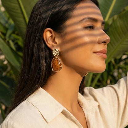 Trendy Orange Earrings for Women Resin Statement Geometric Drop | Radiant gold-tone hammered metal paired with warm amber hues.