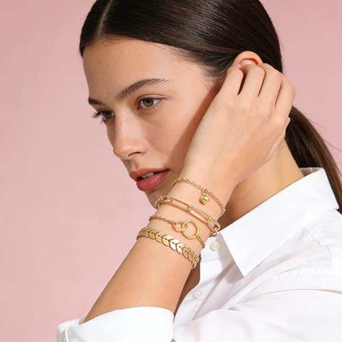 Alegend 14K Gold Plated Stackable Multilayer Bracelets + Titanium Steel(Not Rust, Resist Corruption, Easily Clean) 18K Gold Plated Single Bracelets - color: 14K Gold + 4PCS C