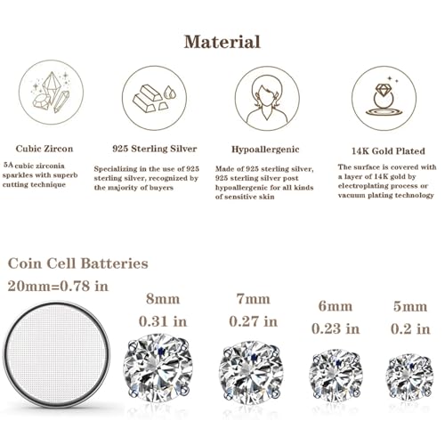 925 Sterling Silver Cubic Zirconia Studs Earrings for Women Men - Hypoallergenic 14K White Gold Plated 5/6/7/8mm Clear Round Cut CZ Studs Earrings - color: Gold 4 Prong, size: 5mm