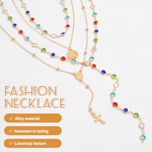 Layered Cross Necklace Set for Women, Layered Choker Necklaces Trendy Jewelry, Colorful Enamel Beaded Y-Shaped Lariat Necklace, Boho Multilayer Cross Necklace for Party and Daily Wear - color: Gold-14
