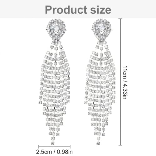 1 Pair Silver Diamond Dangle Earrings,Long Tassel Rhinestone Earrings,Crystal Wedding Earrings Accessories for Women and Brides(Silver)