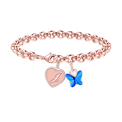 IEFWELL Initial Bracelets for Girls, Butterfly Letter A-Z Bracelets Jewelry | Silver Plated, Heart Initial Bracelets for Girls, Crystal Butterfly Bracelets, Teen Girl Gift Trendy, Jewelry Birthday Gift - color: Rose Gold Plated-J