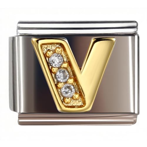 9MM Diamond Golden Letter Charm for Italian Charm Bracelet,DIY Italian Module Chain for Women - style: Letter-V
