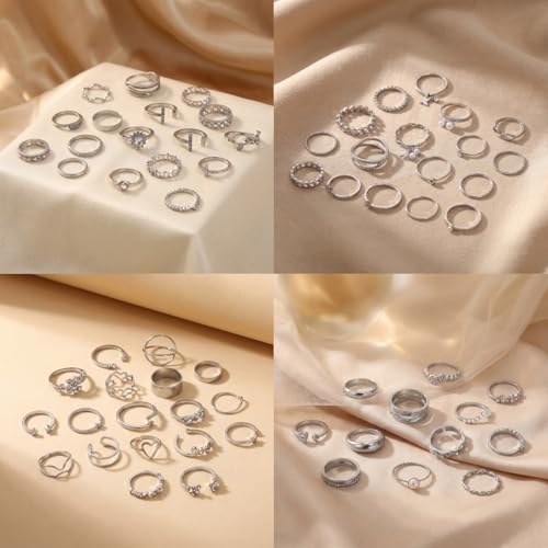 42-Piece Gold Tone Stackable Ring Set for Women, Boho Minimalist Stacking Rings with Crystal & Heart Accents, Adjustable Open Band Jewelry for Daily Wear - style: ZH00102