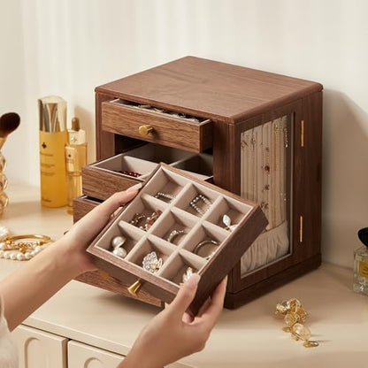 Rotating Black Walnut Wooden Jewelry Box for Women, 5 Layer | 360° Rotatable, 5 Drawers, Rings, Necklaces, Earrings & Bracelets, Large Storage Case, Gift for Her - size: 5 Layer(7.9"D x 9.4"W x 10.4"H)