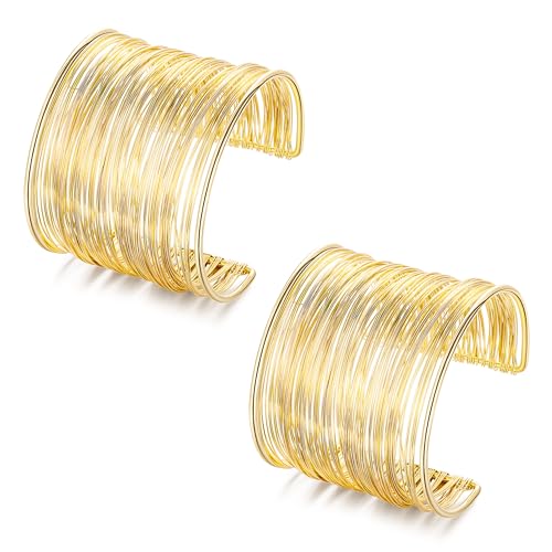 2Pcs Cuff Bangle Bracelet for Women Open Wide Bangle Bracelet Set | minimalist statement bangle bracelets，wrist cuff wrap bracelet adjustable，open wide wire grooved hammered bracelet set - color: 2PCS-Gold-D
