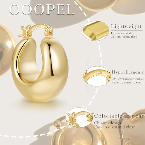 OOOPEL Gold Hoop Earrings for Women,925 Sterling Silver Chunky Hoop Earrings Hypoallergenic Lightweight 14K Gold Plated Thick Gold Hoops for Women 22mm 26mm - color: Gold-22MM