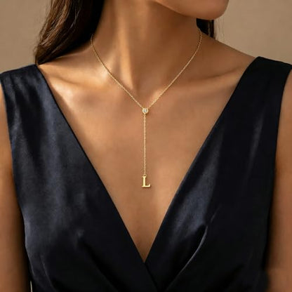 14K Gold Plated Initial Y Necklace for Women,CZ Letter Lariat Necklace | Dainty Long Necklace Y-Shaped Drop Letter Pendant Adjustable 16.5"+2" Long Chain Shiny CZ Trendy Jewelry Gift For Her - color: L