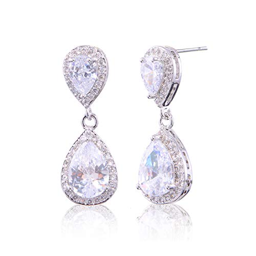 Pave Teardrop Earrings for Wedding Sterling Silver Double Pear Shaped CZ Cubic Zirconia Crystal Rhinestone Birthstone Dangle Earrings Bridal Jewelry for Bride Bridesmaids - color: Noble Silver