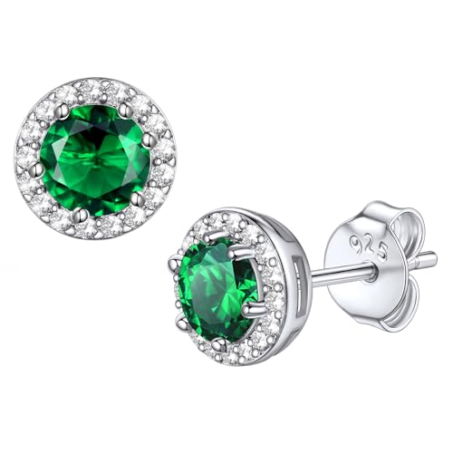 Bestyle 8mm Small Birthstone Earrings for Women with Hypoallergenic Sterling Silver Post,Sparkle Heart/Round Womens Studs Earrings, Great Birthday/Christmas/Anniversary Jewelry for Wife Mother - color: 05. May Emerald-Round