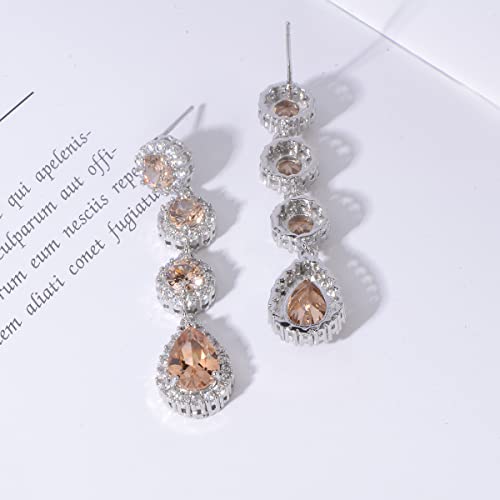 Women's Cubic Zirconia Bridal Earrings - Elegant Long Wedding Party Prom Earring for Bride Bridesmaids Crystal CZ Rhinestone Chandelier Statement Dangle Drop Earrings for girls - color: Champagne-silver