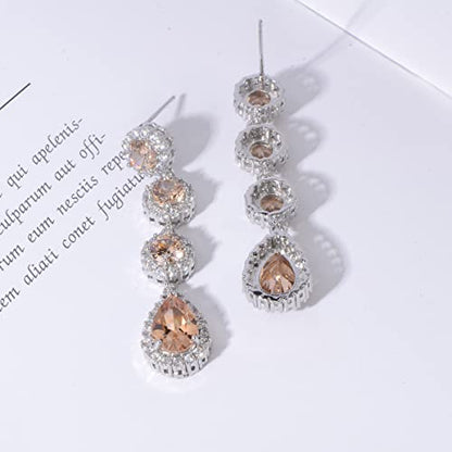 Women's Cubic Zirconia Bridal Earrings - Elegant Long Wedding Party Prom Earring for Bride Bridesmaids Crystal CZ Rhinestone Chandelier Statement Dangle Drop Earrings for girls - color: Champagne-silver